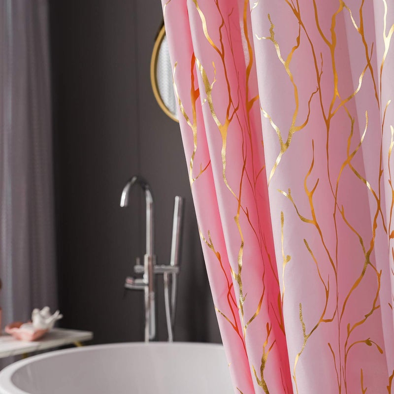 FINECITY Pink Shower Curtain - Metallic Gold Foil Branch Pattern Print Shower Curtain 72 Inch Long, Grommet Shower Curtain Set with 12 Hooks, 72 x 72 Inch, Pink and Gold - Image 4